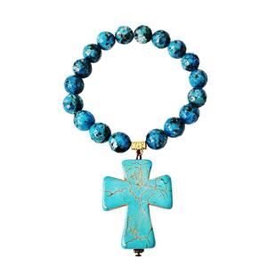 Large Resin Turquoise Cross Charm on Stretch Turquoise Beaded Bracelet